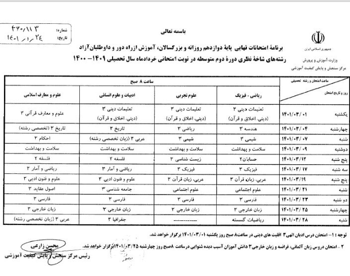 امتحانات پایان سال تحصیلی